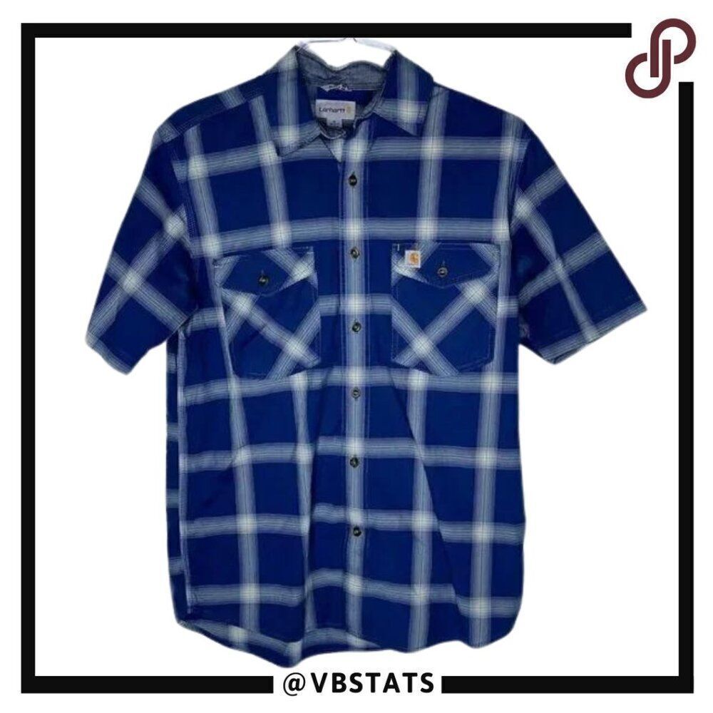 Carhartt Medium Blue-White Plaid Short‎ Sleeve Double Pocket Shirt.